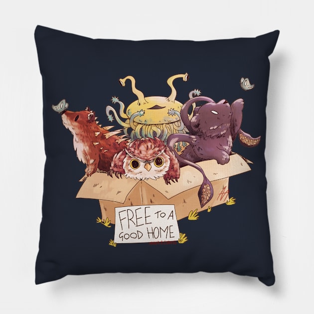 Fantasy Monsters Free to a Good Home Pillow by Rumpled Crow