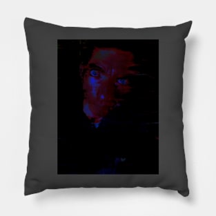 Portrait, digital collage and special processing. Man looking on us from darkness. Eyes. Brighter. Red, blue and green. Pillow