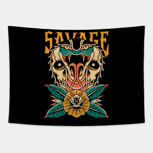 Skull Snake Rose  Vintage Traditional Tattoo Tapestry