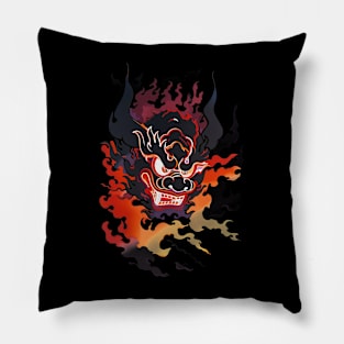 Traditional Oni Mask In Flames Pillow