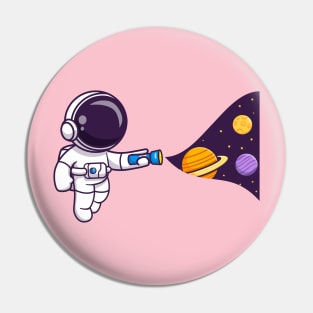 Cute Astronaut With Flashlight In Space Cartoon Pin