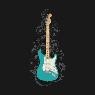 Teal S-Style Electric Guitar Flowering Vines T-Shirt