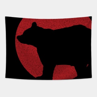 Minimalist Black Bear Silouette on Distressed Red Sun Background Tapestry