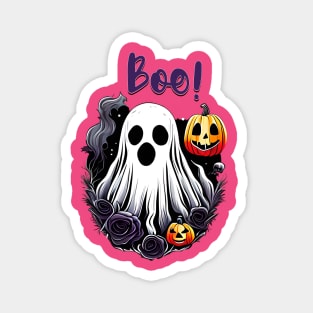 Cute Boo Halloween Ghost with Pumkins and Roses Magnet