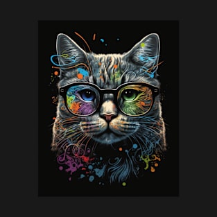 Retro Cat Art Wearing Glasses Splash Abstract Vibe Watercolor Vintage T-Shirt