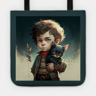 Young boy looking solemn as he holds his kitten. Tote