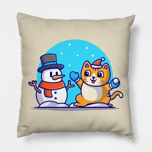 Cute Cat With Snowman Cartoon Vector Icon Illustration Pillow