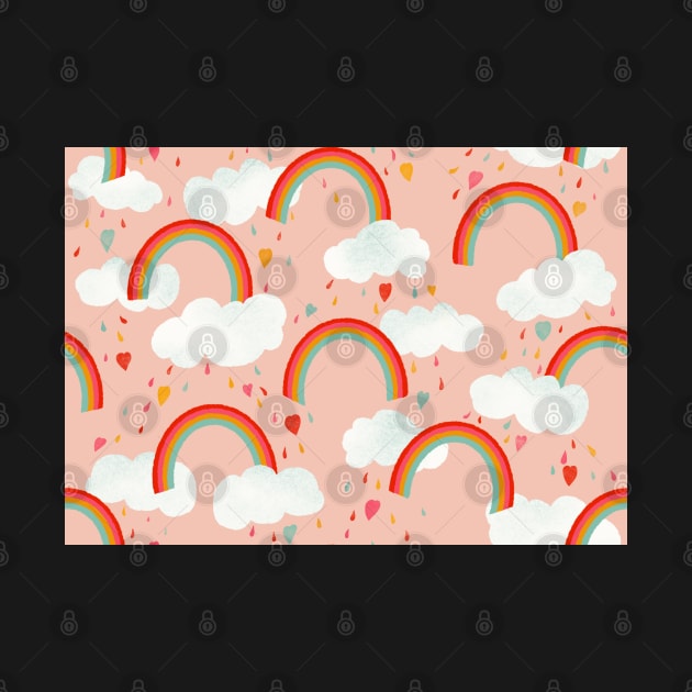 Clouds, rainbows and love hearts on a pink background by NattyDesigns