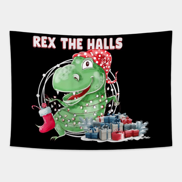 T Rex The Halls Christmas Dinosaur Tapestry by Mitsue Kersting