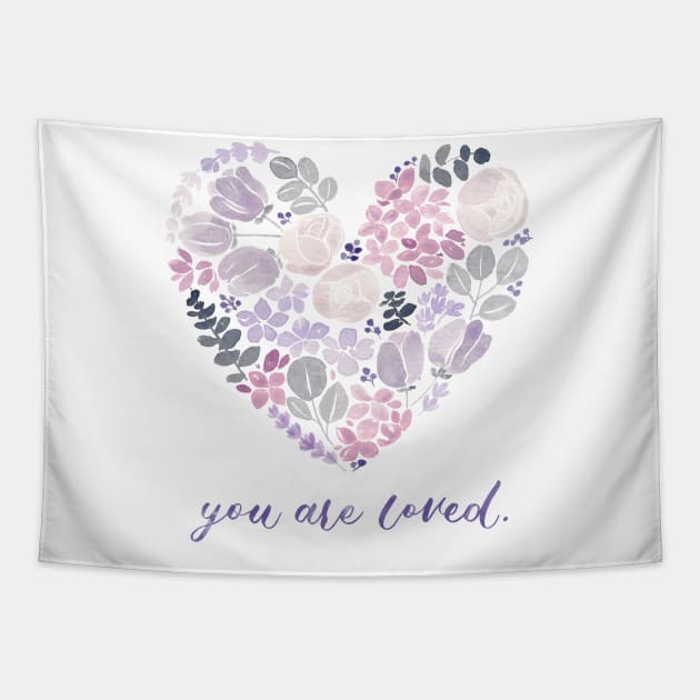 Purple Floral Heart "You are Loved" Watercolour Painting Tapestry by Flowering Words