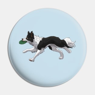 Running Black Border Collie with Frisbee Pin