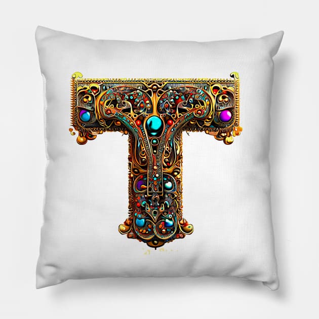 AI Art Golden Jeweled Franciscan Tau Abstract Expressionism Pillow by Artist4God