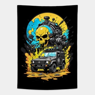 Apocalyptic cyberpunk truck feral skull futuristic poster design Tapestry