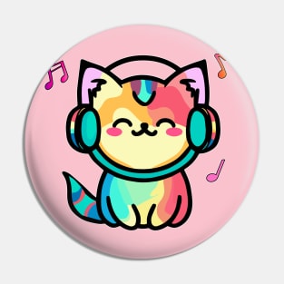 Happy smiling baby pussy cat with headphones. Kawaii cartoon Pin