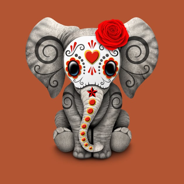 Red Day of the Dead Sugar Skull Baby Elephant by jeffbartels