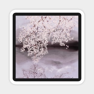 Cherry blossom branch on water. Spring Japanese scenery. Romantic Sakura flowers, watercolor illustration Magnet