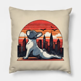 French bulldog, yoga style, silhouette frenchie on watercolor sunset and city Pillow
