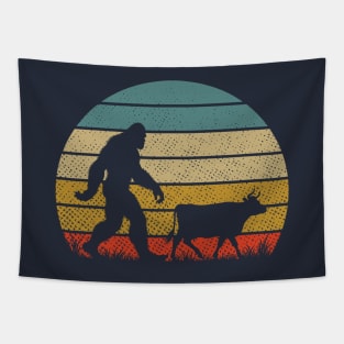 Bigfoot Walking With Cow Vintage Retro Sunset Funny Hiking Tapestry