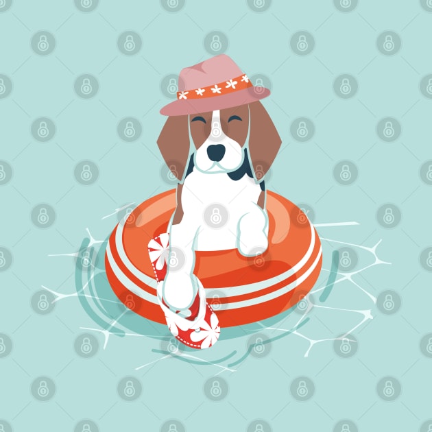 Summer pool pawty // aqua background beagle dog breed in vacation playing on swimming pool by SelmaCardoso
