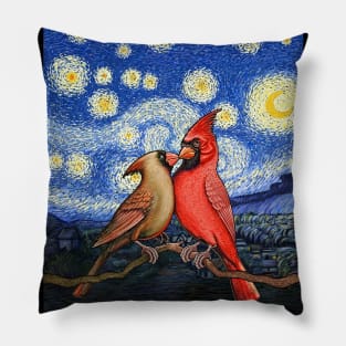 Red Cardinal bird Van Gogh starry night cute cardinals couple Pillow