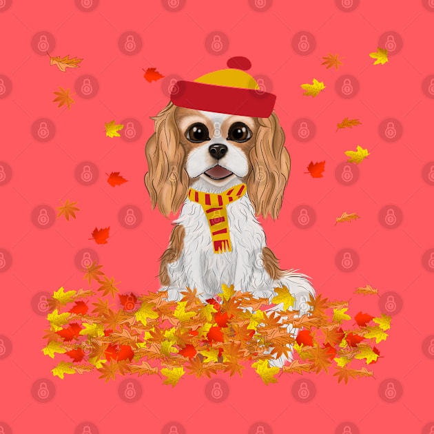 Blenheim Cavalier King Charles Spaniel in Fall Leaves by Cavalier Gifts