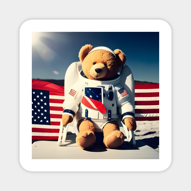 Teddy in a Space suit sitting on a deck chair on the Moon Magnet by Colin-Bentham