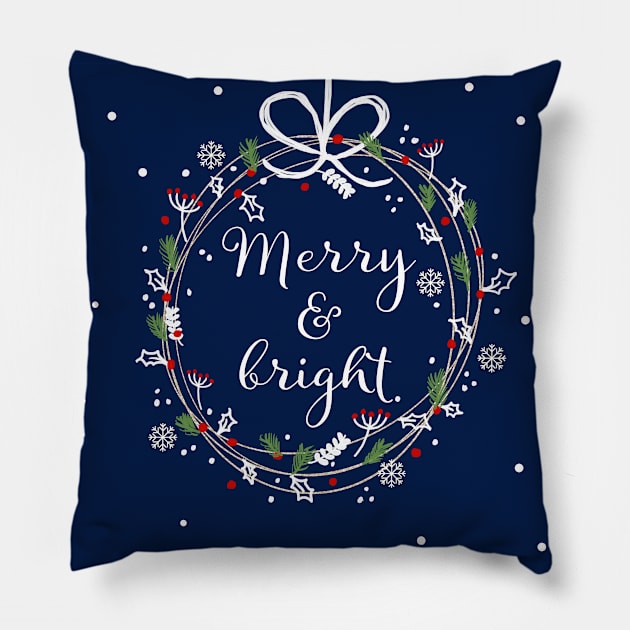 Merry and Bright Christmas Wreath Pillow by KathrinLegg