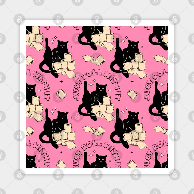 Roll with it Black Cat Pattern in pink Magnet by The Charcoal Cat Co.