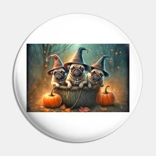 Pug Dogs Halloween Witches Pumpkins Pin