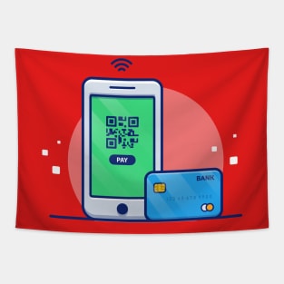 Handphone With payment Application Bar Code And Bank Card Cartoon Tapestry