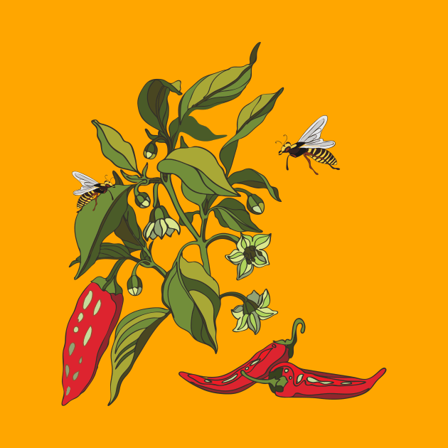 Botanical illustration of the plant Cayenne pepper and wasps by EEVLADA