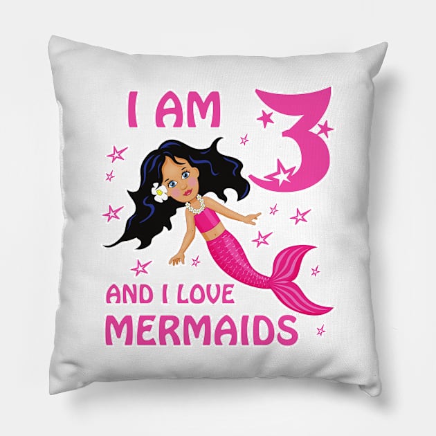 Kids Girl Birthday 3 Three Years Who Loves Mermaids Tshirt Pillow by Antzyzzz