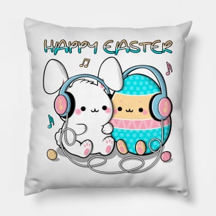 Cute bunny and big colorful egg. Happy easter illustration Pillow