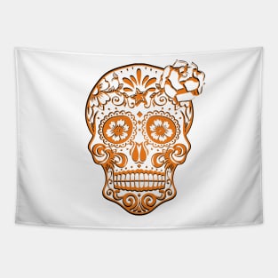 Sugar Skull Halloween Orange & Black Day of the Dead Skull w/ Flowers & Stars Tapestry