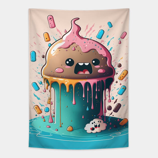 Cake Caricature - January 1st - Yearlong Psychedelic Cute Cakes Collection - Birthday Party - Delicious Dripping Paint, Bright Colors, and Big Adorable Smiles Tapestry by JensenArtCo