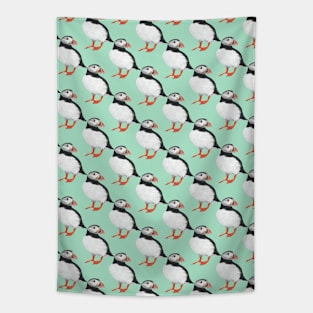 Puffin pattern light green background Tapestry