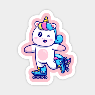 Cute Unicorn Playing Roller Skate Cartoon Magnet