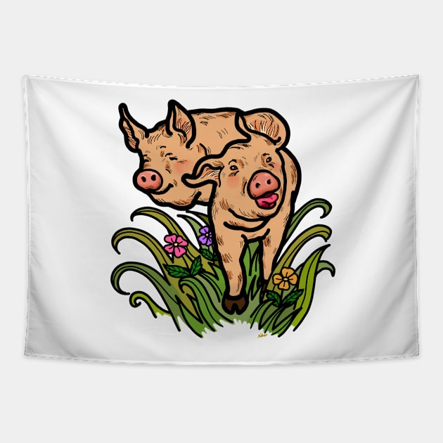 Happy smiling pig farm animal in nature. Tapestry by Nalidsa