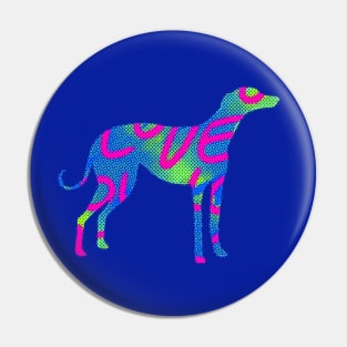 Blue and green with pink love letters dotted Greyhound dog Pin