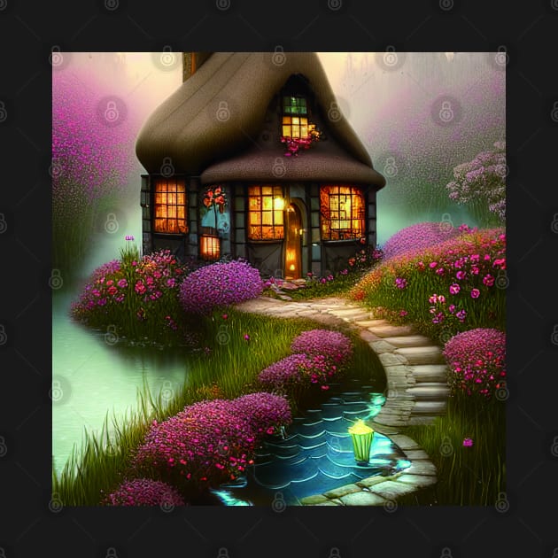 Sparkling Fantasy Cottage with Lights and Glitter Background in Forest, Scenery Nature by Promen Art