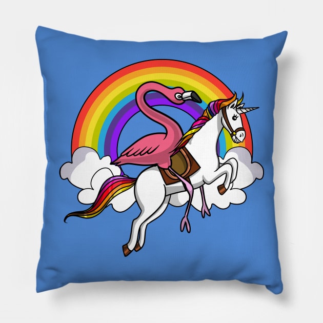 Flamingo Bird Riding Unicorn Pillow by underheaven