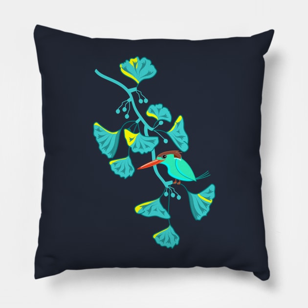 Kingfisher and Ginkgo Pillow by spontania