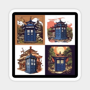 Illustration of four blue tardis in Japan on sunset Magnet