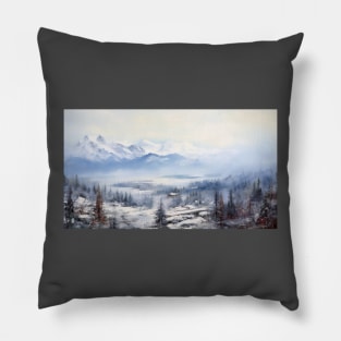 Painting of Tranquil winter forest at the foot of mighty mountains for your Airbnb, hotel, motel or home Pillow