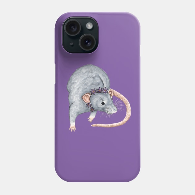 Grey Rat with Flower Headband Phone Case by WolfySilver