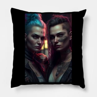 Futuristic Punk Lesbian Lovers - Neon Hair & Tattoos Pillow