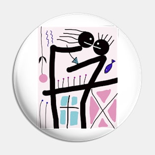 Kids in Close Conversation Stick Figure Pin