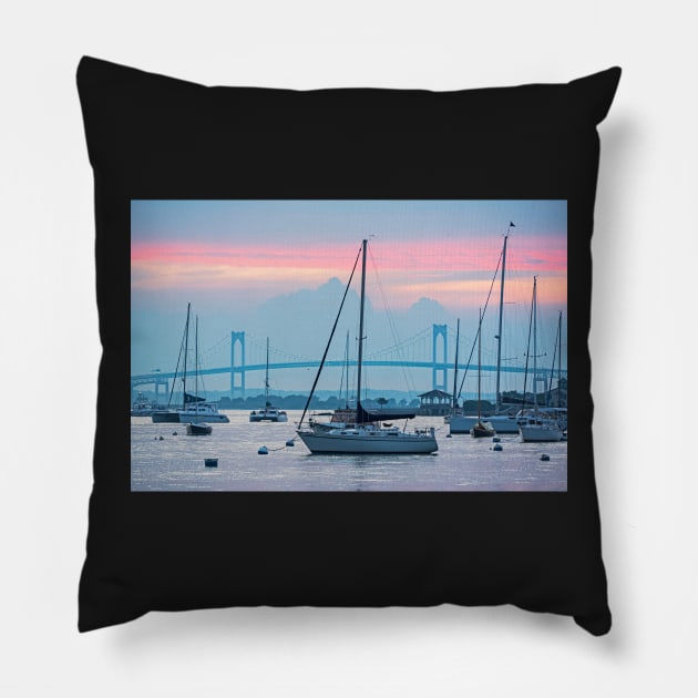 Pell Bridge Newport Harbor Newport RI Rhode Island Purple Sunset Pillow by WayneOxfordPh