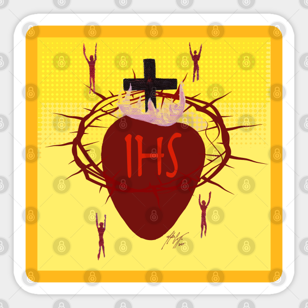 Sacred Heart of Jesus with Christogram on Yellow - Sacred Heart Of Jesus - Sticker