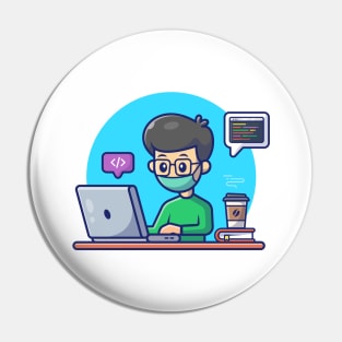 Male working on computer with cat cartoon Pin